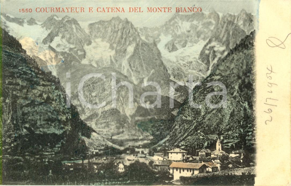 Cartolina originale da collezione 1904 COURMAYEUR AO Panorama del paese con la catena del Monte BIANCO FP VG 1