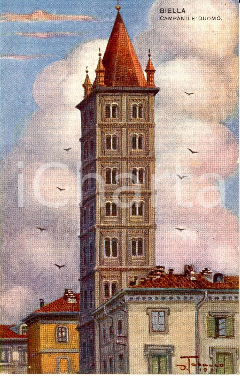 Cartolina originale da collezione 1931 BIELLA Campanile Cattedrale SANTO STEFANO Ill. TABACCO Cartolina FP NV 1