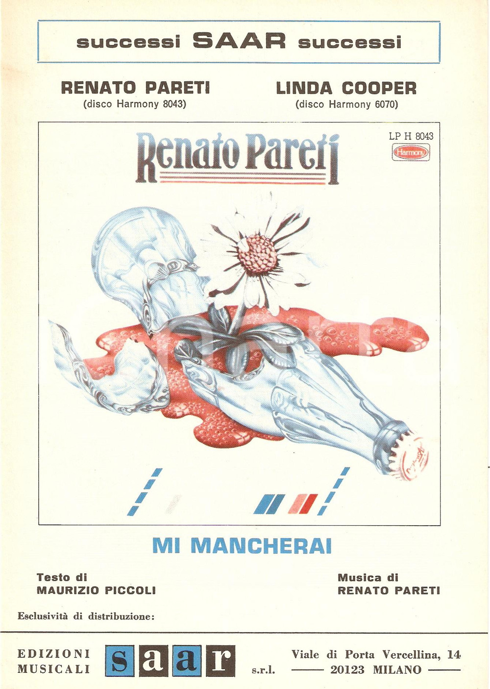 Oggetto da collezione cartaceo 1980 Renato PARETI Mi mancherai Edizioni Musicali SAAR Spartito ILLUSTRATO 1