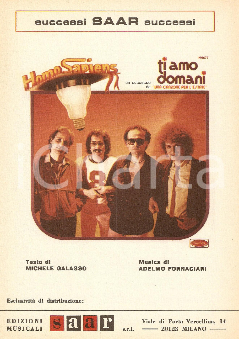 Oggetto da collezione cartaceo 1981 HOMO SAPIENS Ti amo domani Musica di ZUCCHERO Spartito Ed. SAAR 1