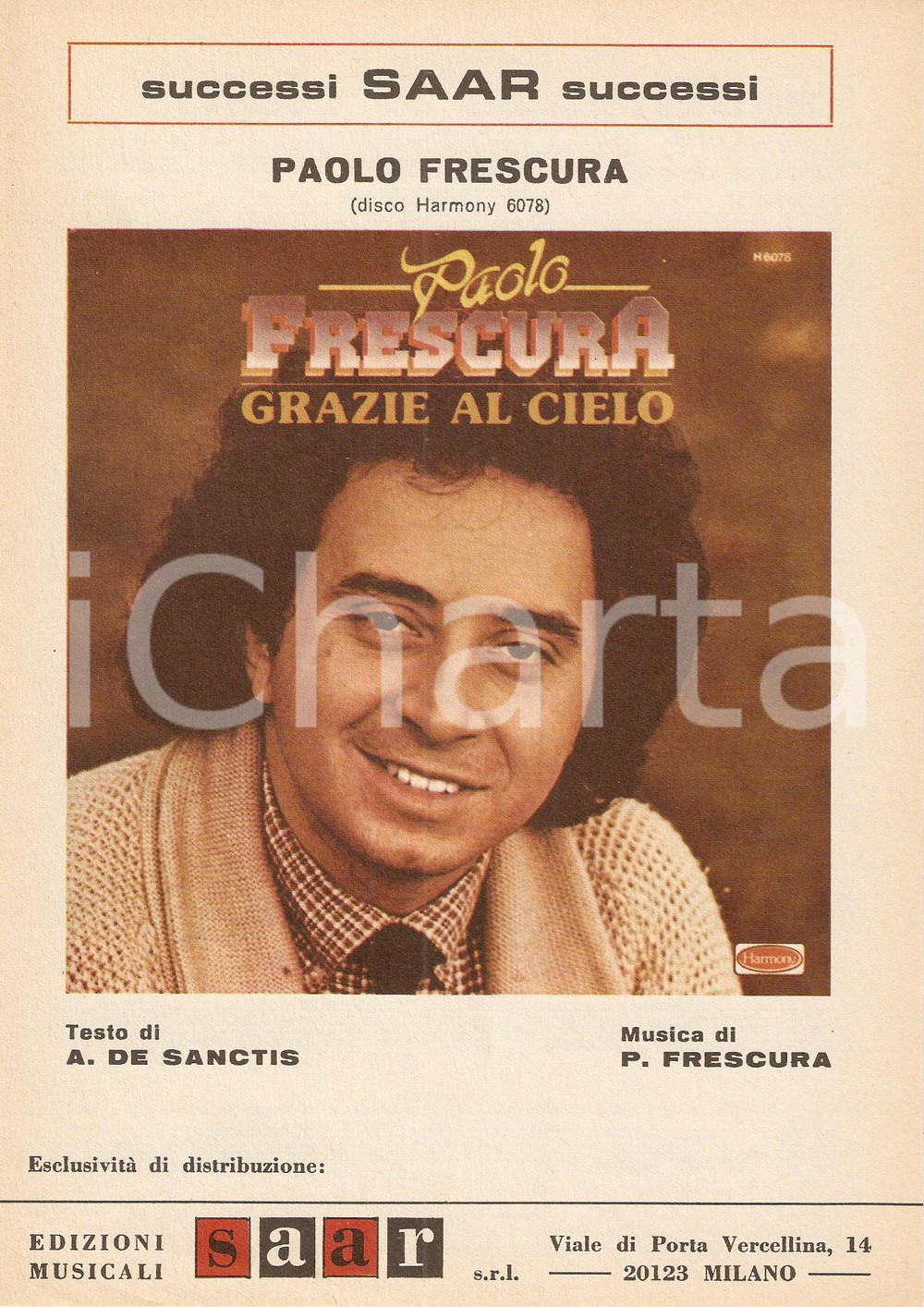 Oggetto da collezione cartaceo 1981 Paolo FRESCURA Grazie al cielo Edizioni musicali SAAR Spartito 1