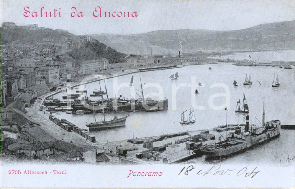 Cartolina originale da collezione 1904 ANCONA Veduta panoramica del porto con navi e barche Cartolina FP NV 1