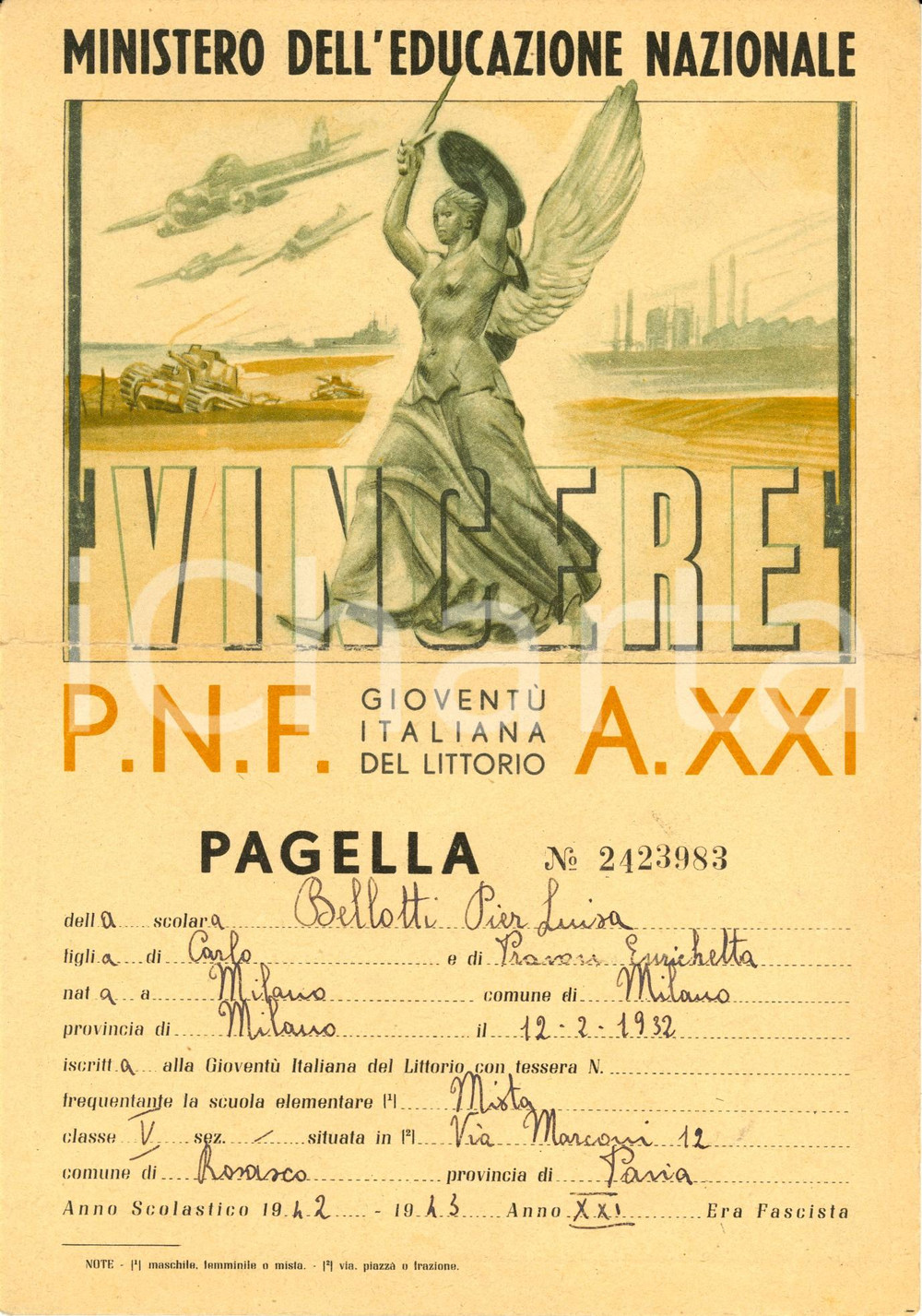 Oggetto da collezione cartaceo 1943 ROSASCO PV Scuola elementare mista Pagella di Pier Luisa BELLOTTI 1
