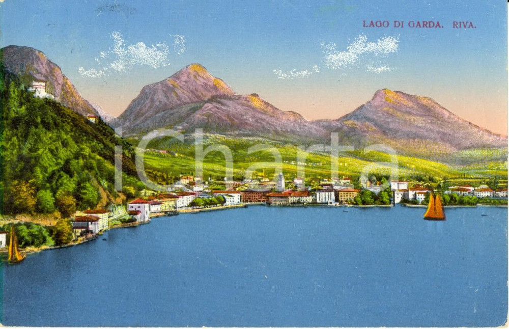 Cartolina originale da collezione 1923 RIVA DEL GARDA TN Panorama del paese dal lago Cartolina ILLUSTRATA FP VG 1