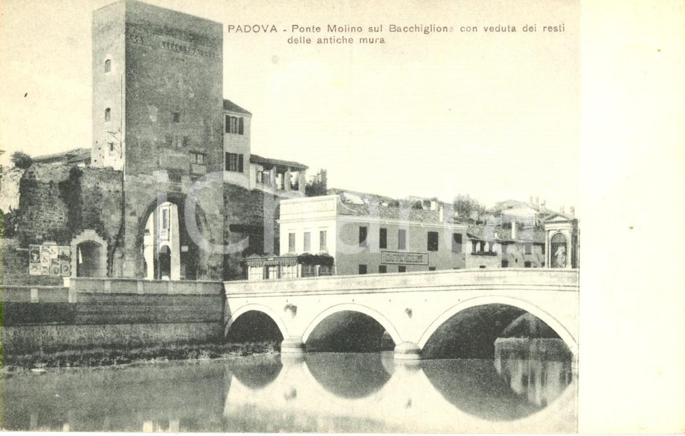 Cartolina originale da collezione 1916 PADOVA Il ponte MOLINO sul fiume BACCHIGLIONE con le mura e il Caffé MORONI 1