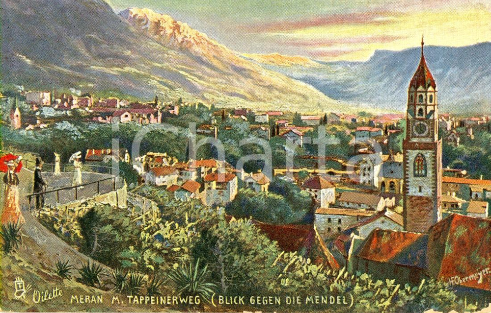 Cartolina originale da collezione 1910 ca MERANO BZ Veduta da passeggiata TAPPEINERWEG verso MENDEL ILLUSTRATA 1