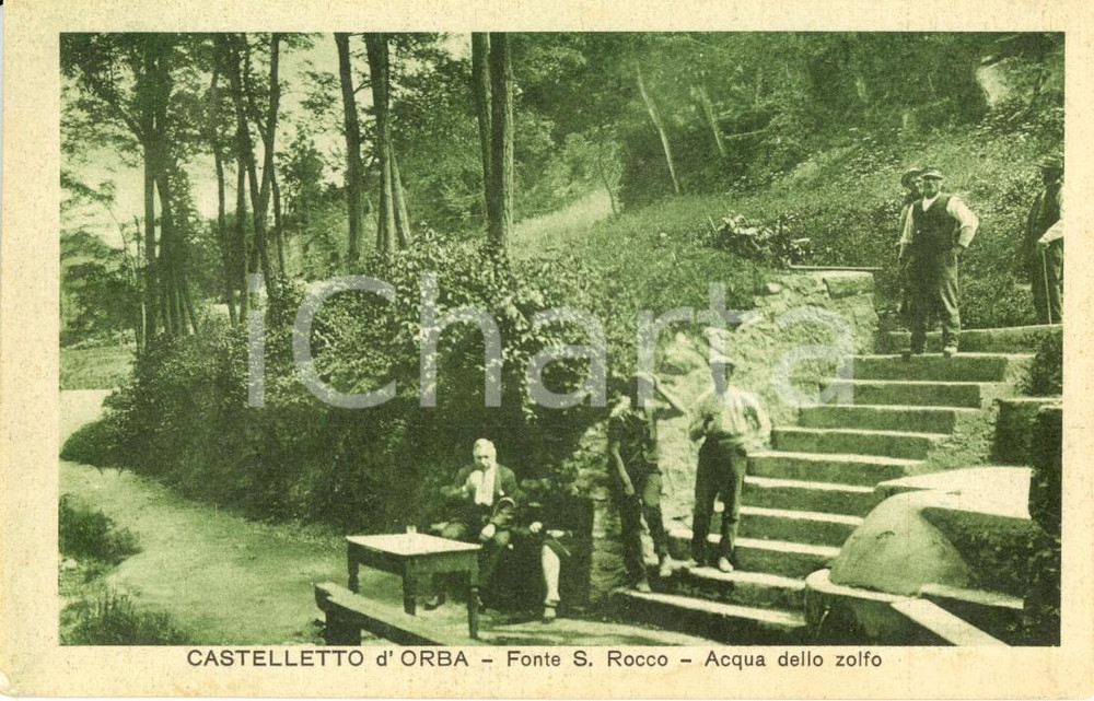 Cartolina originale da collezione 1930 ca CASTELLETTO D ORBA AL Fonte SAN ROCCO acqua dello zolfo ANIMATA FP NV 1
