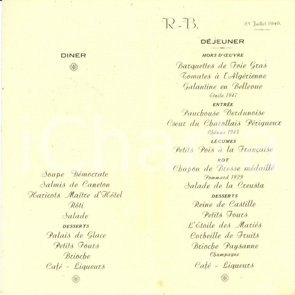 Oggetto da collezione cartaceo 1949 BRANGES ? FRANCE Pranzo e cena per la prima comunione MenÃ¹ d epoca 1