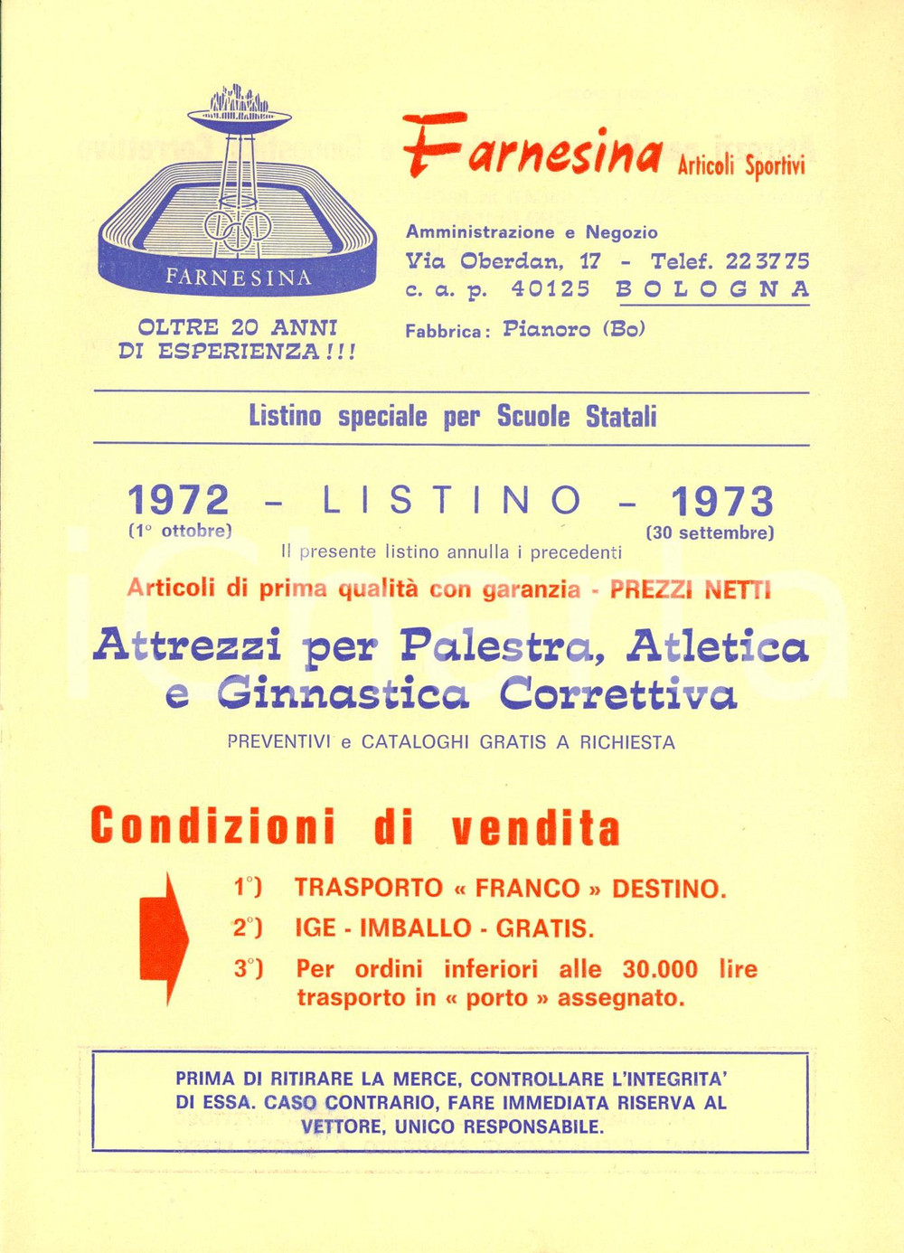 Materiale pubblicitario d’epoca 1972 BOLOGNA Articoli sportivi FARNESINA Listino attrezzi palestra e ginnastica 1