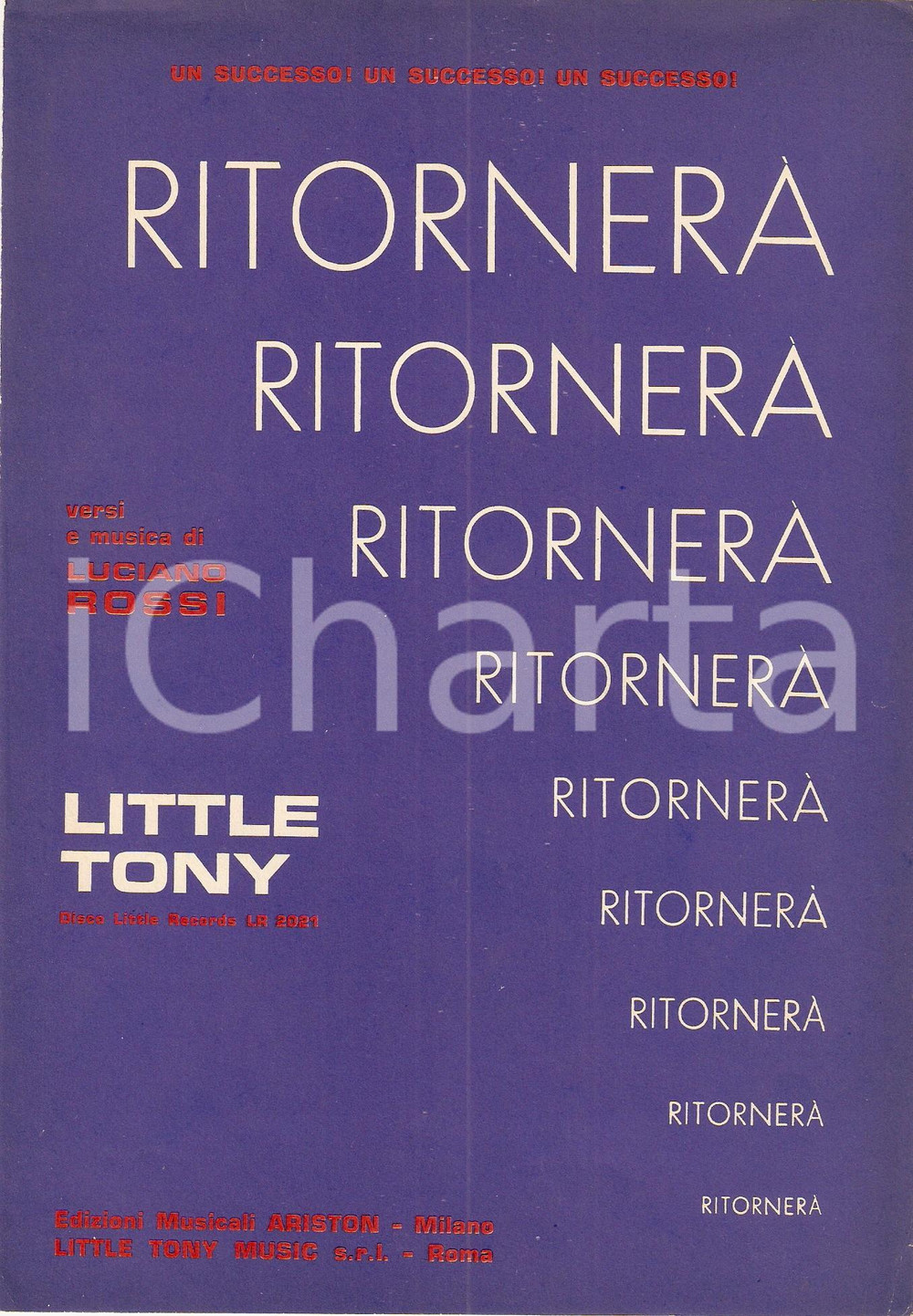 Oggetto da collezione cartaceo 1972 LITTLE TONY RitornerÃ  LITTLE RECORDS Spartito Edizioni musicali ARISTON 1