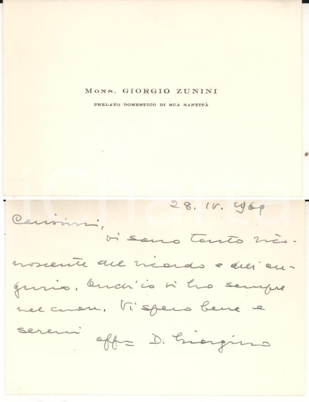 Autografo originale 1969 ONNO CO Biglietto da visita di mons. Giorgio ZUNINI Autografo 1