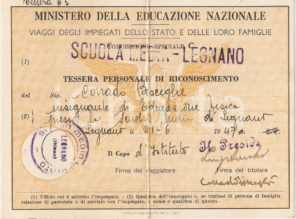 Oggetto da collezione cartaceo 1947 LEGNANO MI Riduzione ferroviaria per insegnanti TESSERA 1