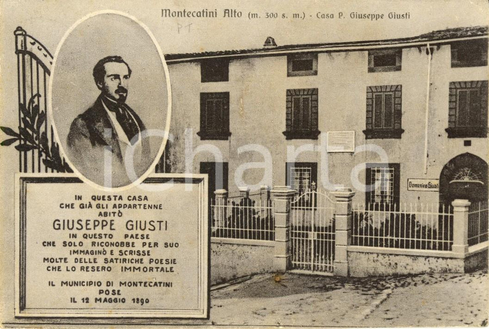 Cartolina originale da collezione 1926 MONTECATINI TERME PT Casa di Giuseppe GIUSTI e ritratto del poeta FP VG 1