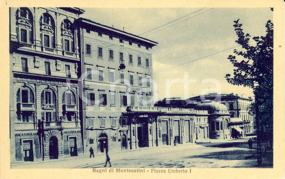 Cartolina originale da collezione 1920 ca MONTECATINI PT Piazza UMBERTO I con Banca Popolare Locanda Maggiore FP 1