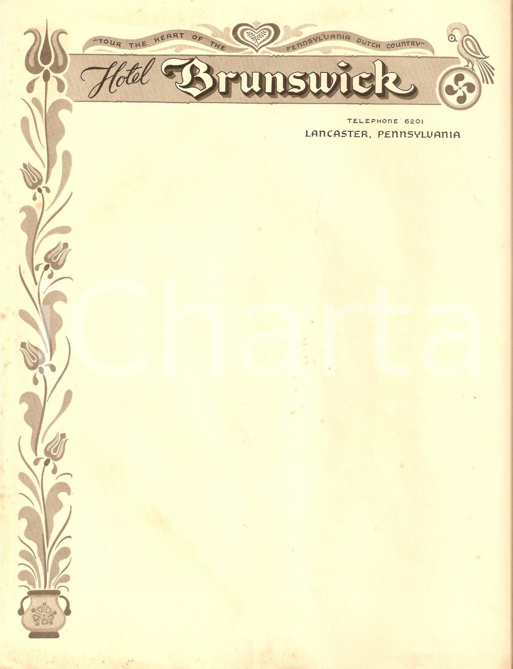 Materiale pubblicitario d’epoca 1950 ca LANCASTER Pennsylvania USA Hotel BRUNSWICK Carta intestata ILLUSTRATA 1