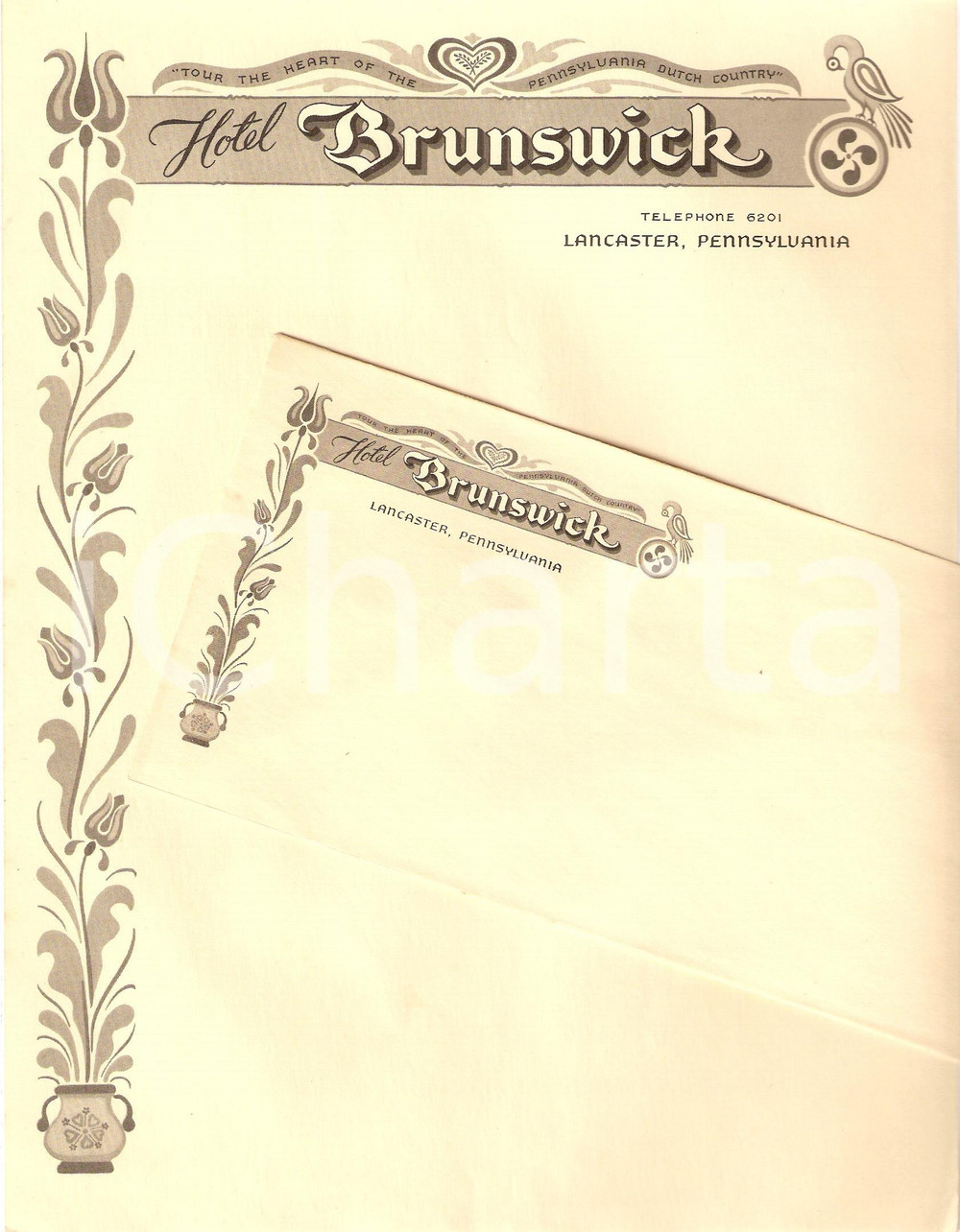 Materiale pubblicitario d’epoca 1950 ca LANCASTER Pennsylvania USA Hotel BRUNSWICK Carta e busta intestata 1