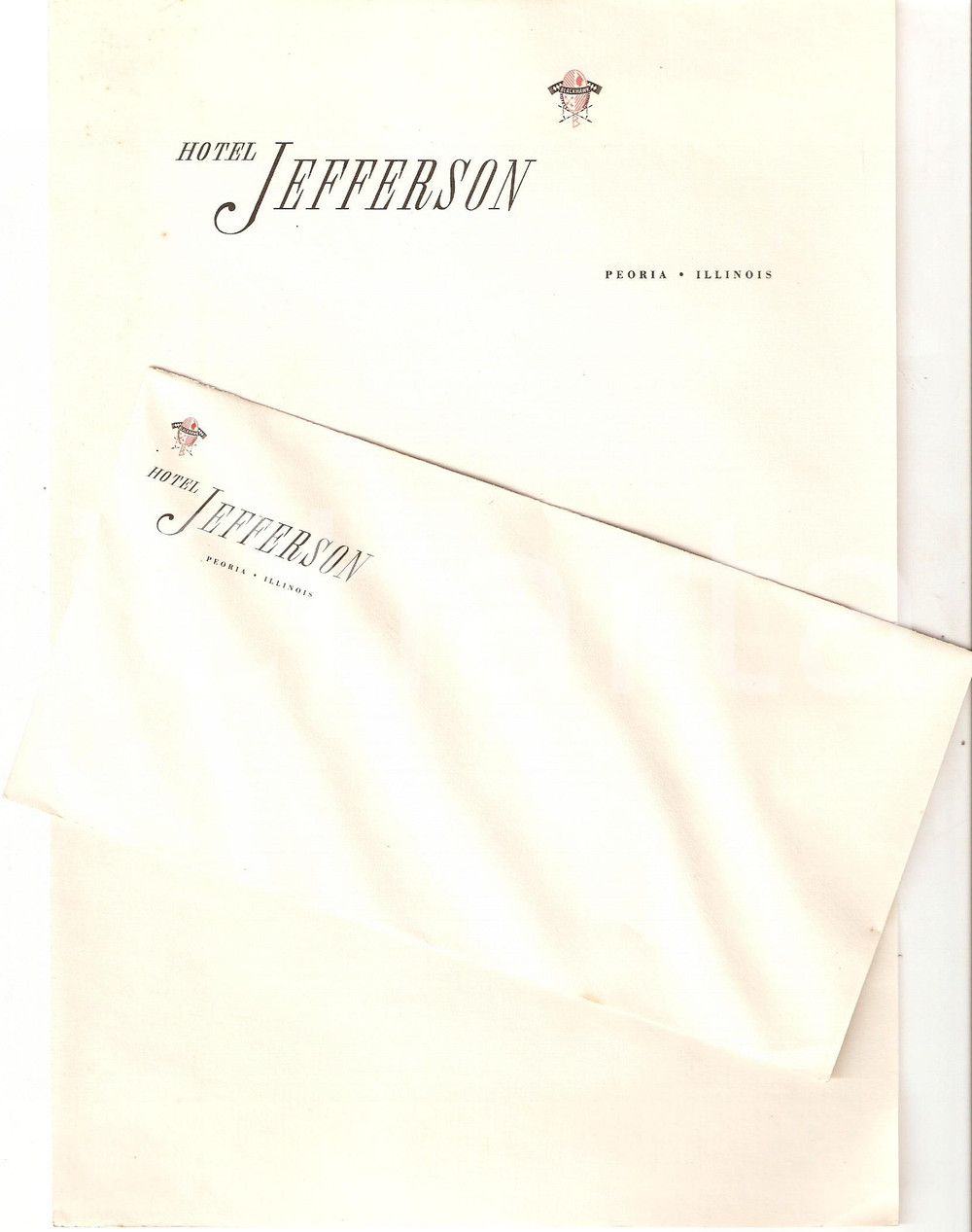 Materiale pubblicitario d’epoca 1950 ca PEORIA Illinois Hotel JEFFERSON Blackhawk Hotel Company Carta intestata 1