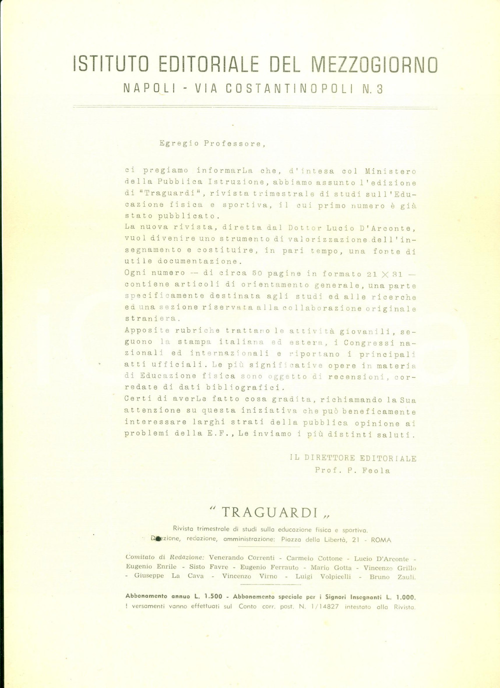 Materiale pubblicitario d’epoca 1950 ca NAPOLI Istituto Editoriale del MEZZOGIORNO presenta rivista TRAGUARDI 1