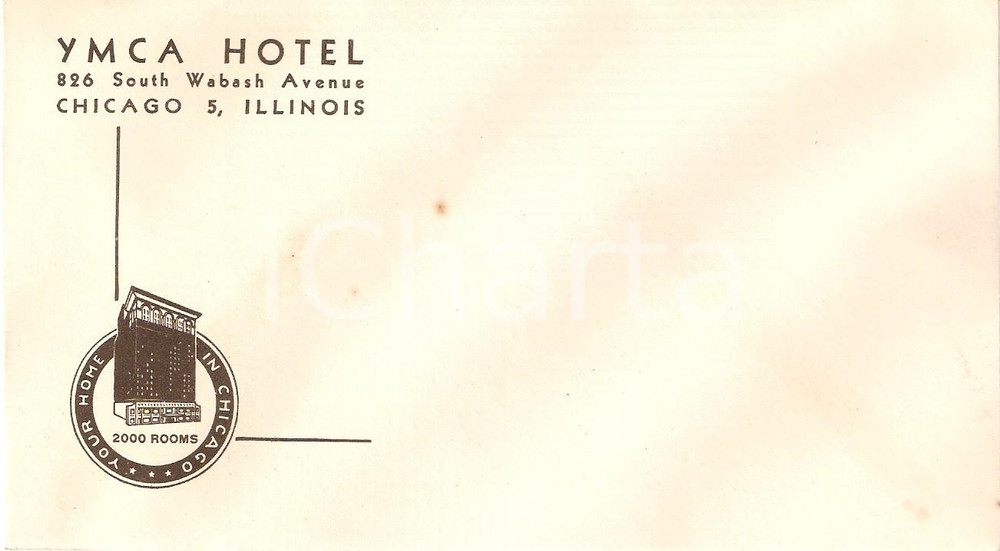 1950 ca CHICAGO Illinois (USA) Hotel YMCA Busta intestata *ILLUSTRATA DATA: 1950 circa  LUOGO: CHICAGO, ILLINOIS (USA)  TITOLO: YMCA HOTEL827 South Wabash Avenue  DESCRIZIONE: Busta intestata d'epoca, illustrata.  DIMENSIONE: cm 16 x 9  CONDIZIONI: buone (ma lievi aloni)  Documento d'epoca, originale, autentico.   originale e autentica 1