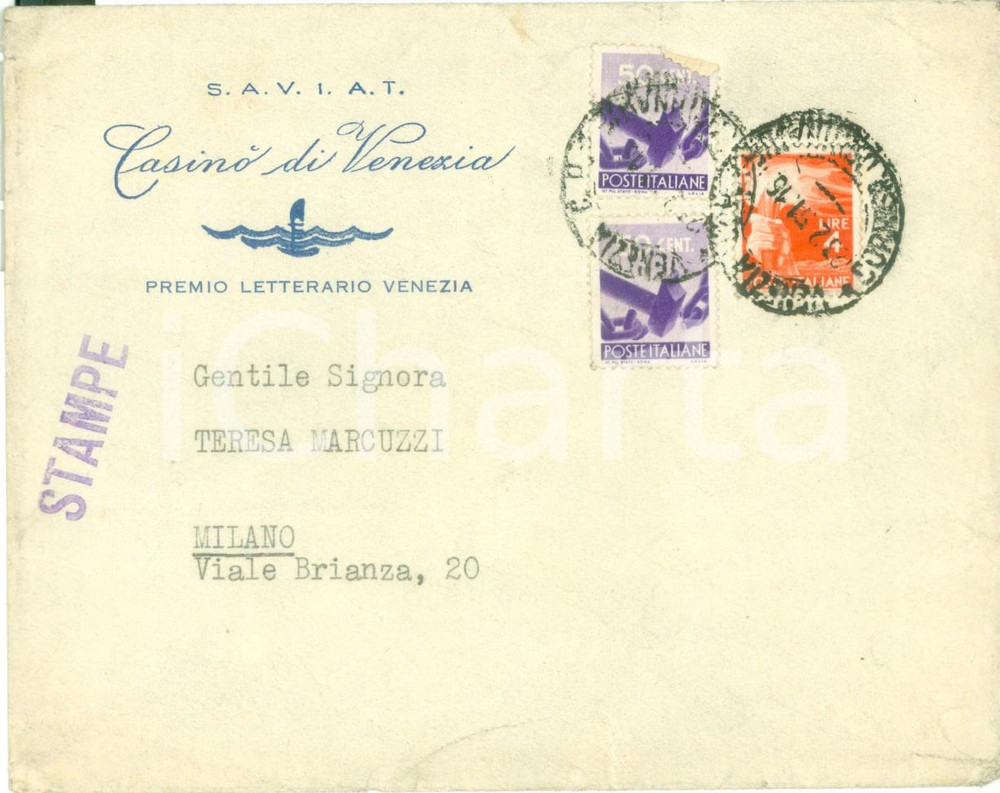 Materiale pubblicitario d’epoca 1951 CASINO  DI VENEZIA Premio Letterario Busta intestata priva di contenuto 1