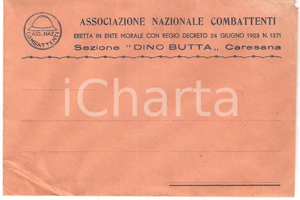 Oggetto da collezione cartaceo 1950 ca CARESANA VC Associazione combattenti Sez. Dino BUTTA Busta VUOTA 1