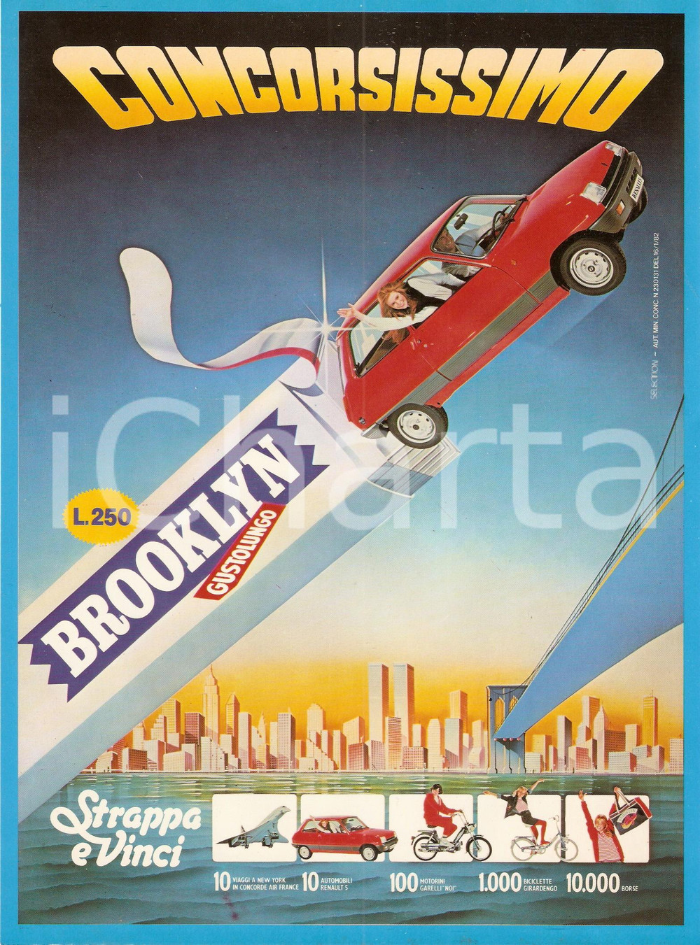 Materiale pubblicitario d’epoca 1982 LAINATE MI Perfetti Concorsissimo BROOKLYN vinci RENAULT 5 Locandina 1 1