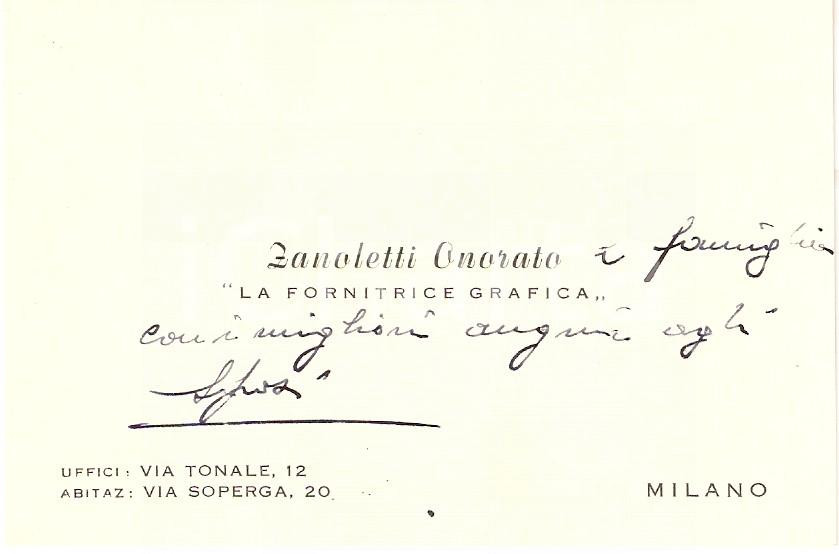 Oggetto da collezione cartaceo 1950 ca MILANO Onorato ZANOLETTI Fornitrice grafica Biglietto auguri autografo 1