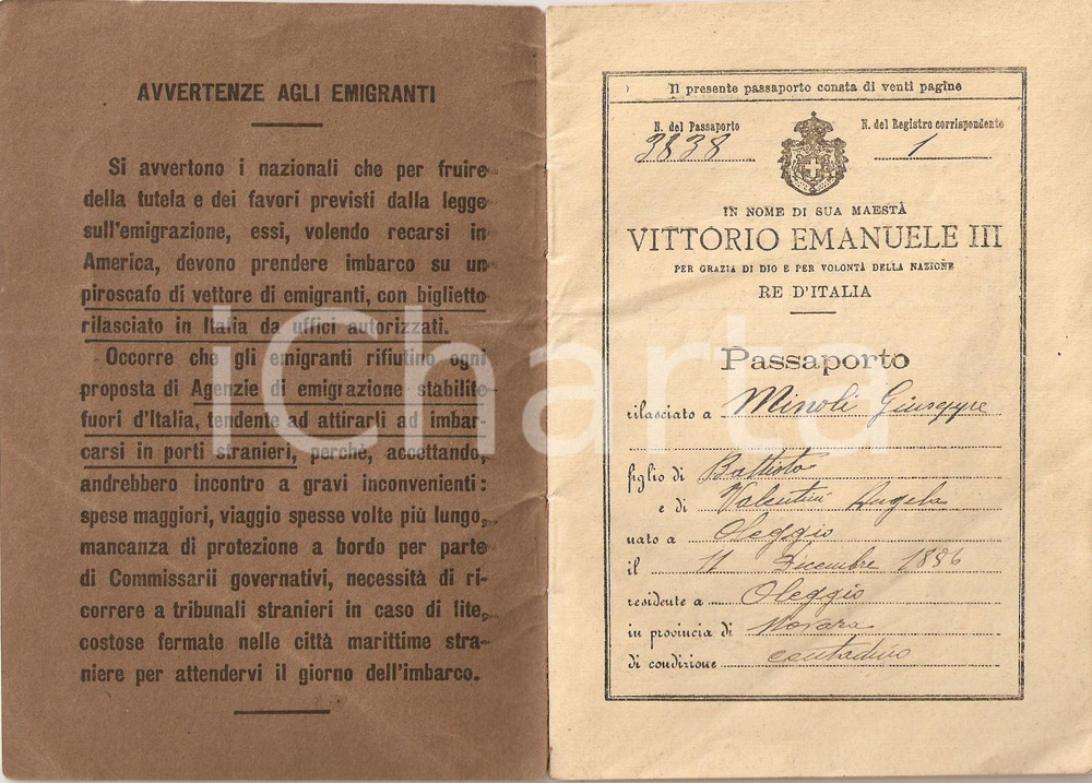 Documento originale, autentico 1913 OLEGGO NO Passaporto estero Giuseppe MINOLI per OMAHA USA 1