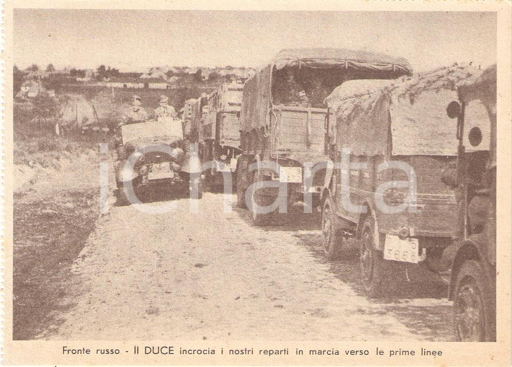 1940 ca WW2 Fronte russo MUSSOLINI incrocia camionette in marcia *Cartolina