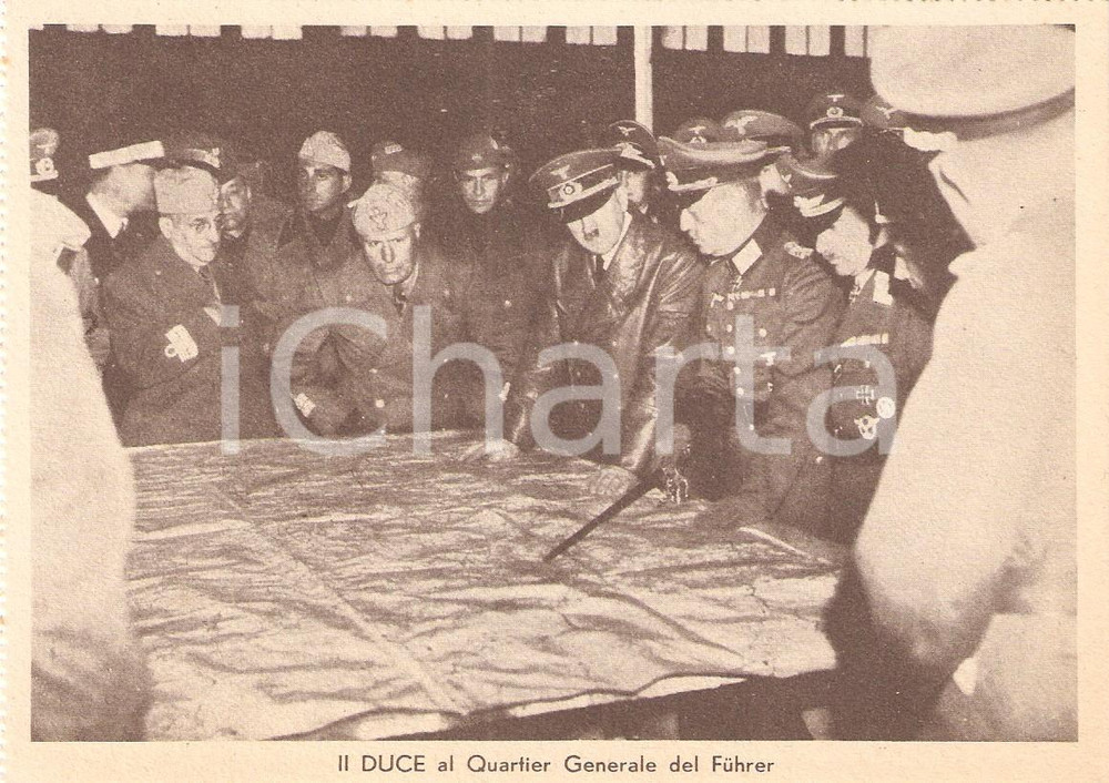 Cartolina originale da collezione 1940 ca WW2 Benito MUSSOLINI nel quartier generale di Adolf HITLER Cartolina 1