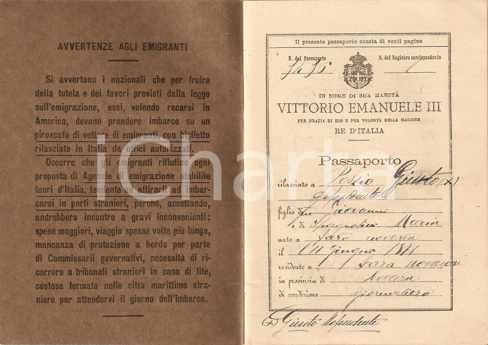 Documento originale, autentico 1914 FARA NOVARESE NO Giusto PORZIO viaggia a suo rischio negli USA Passaporto 1