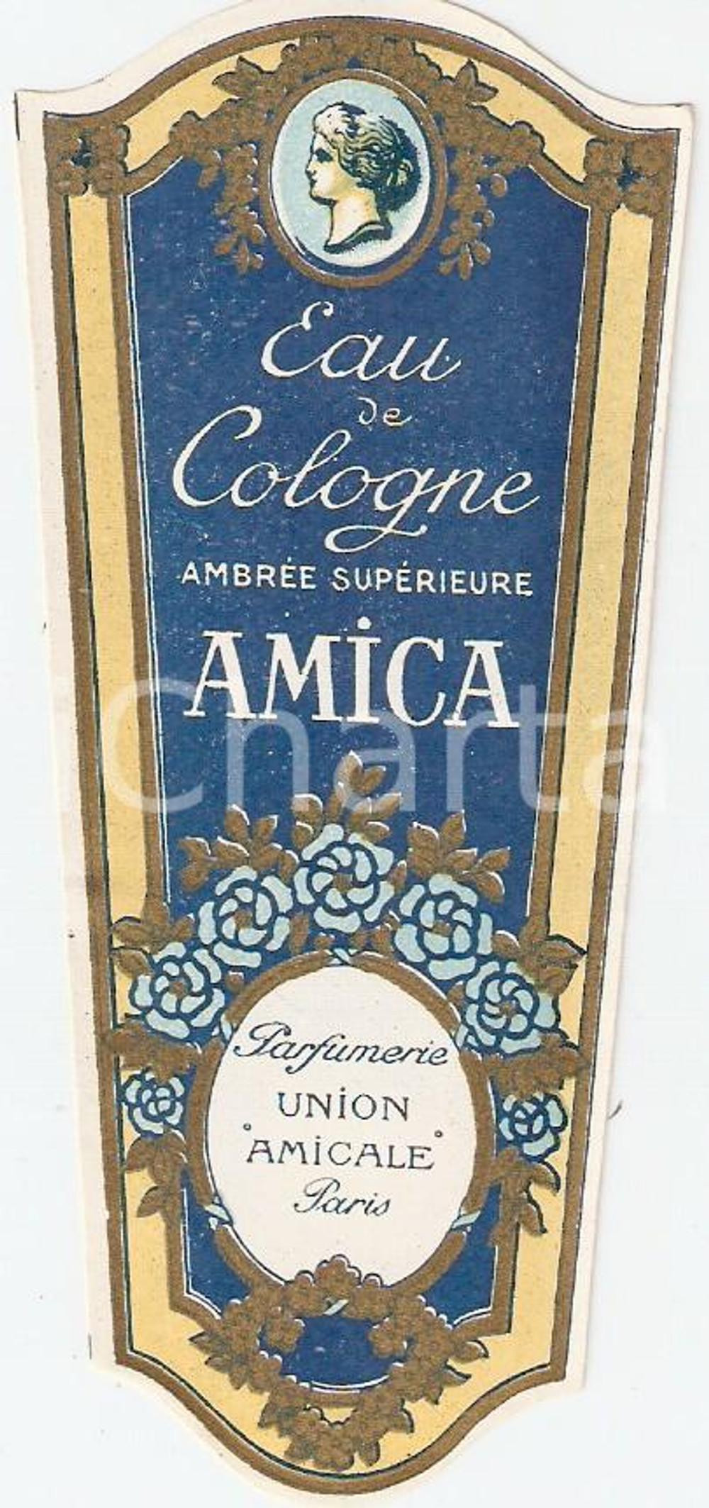Materiale pubblicitario d’epoca 1950 ca PARIS Parfums UNION AMICALE Eau de cologne AMICA Ambrée Etichetta 1