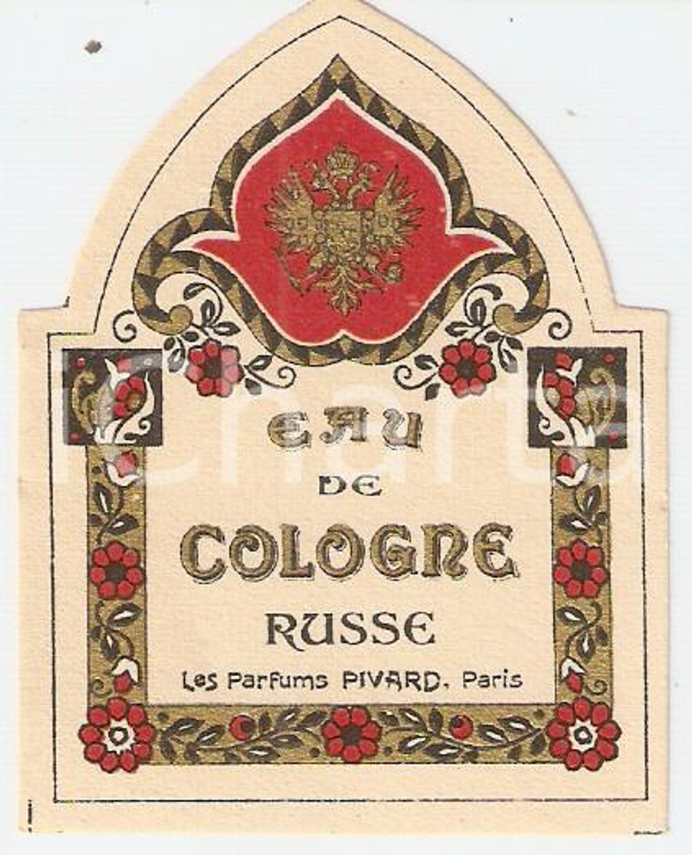 Materiale pubblicitario d’epoca 1950 ca PARIS Parfums PIVARD Eau de cologne russe Etichetta ILLUSTRATA 1