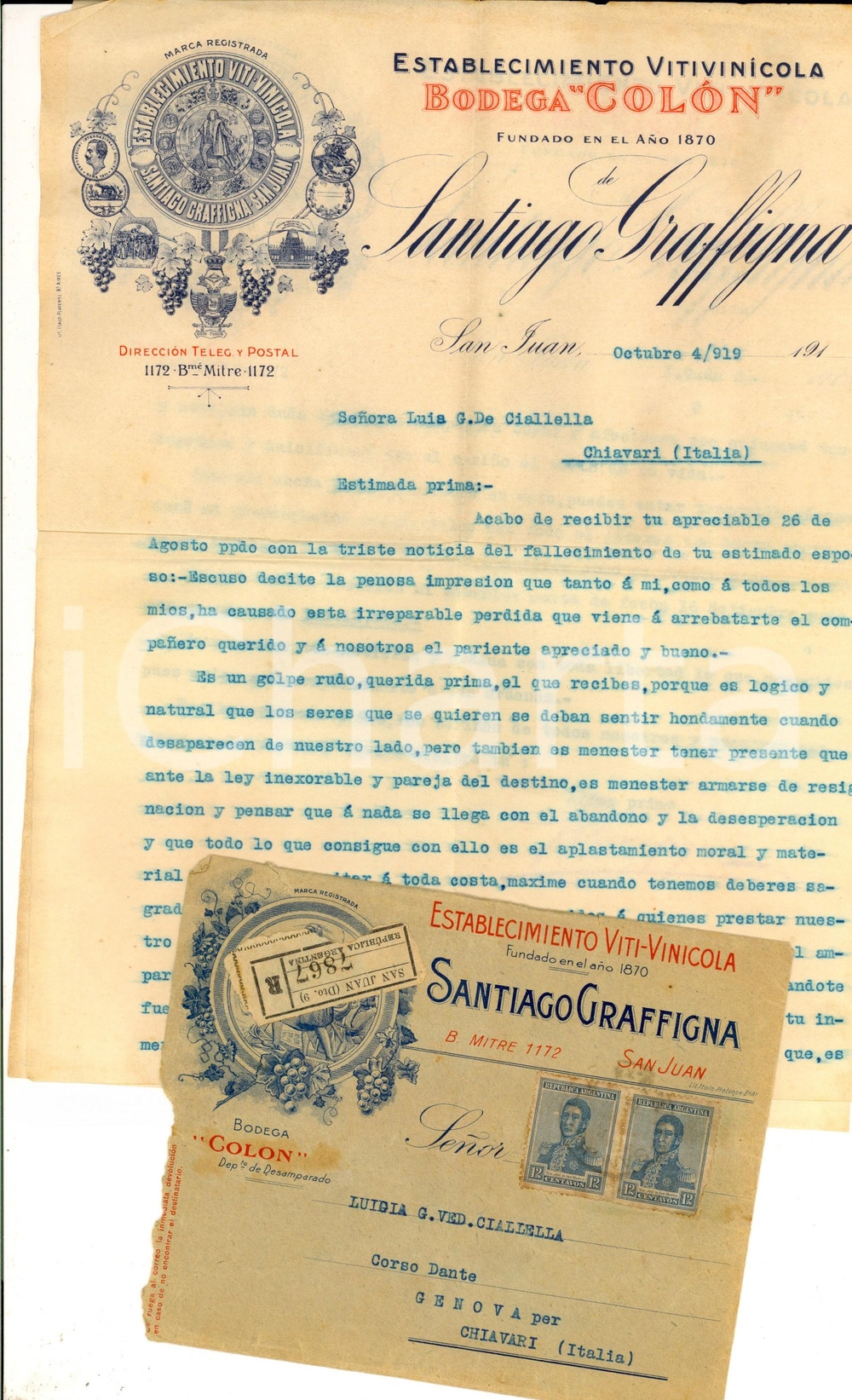 Documento originale, autentico 1919 SAN JUAN ARGENTINA Condoglianze di Santiago GRAFFIGNA a Luisa CIALLELLA 1