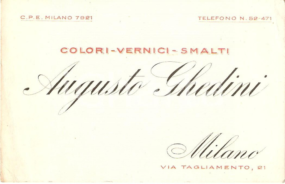 Oggetto da collezione cartaceo 1950 ca MILANO Augusto GHEDINI Colori vernici e smalti Biglietto da visita 1