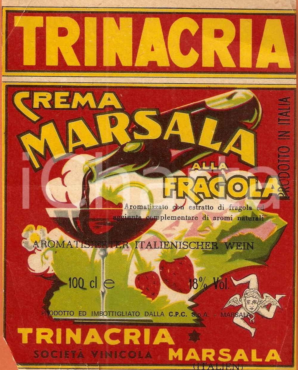 Materiale pubblicitario d’epoca 1950 ca TRINACRIA SocietÃ  vinicola Crema MARSALA alla fragola Etichetta 1