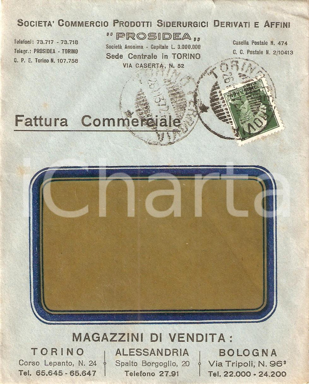 Documento originale, autentico 1937 TORINO SocietÃ  PROSIDEA Prodotti siderurgici e affini Busta intestata 1
