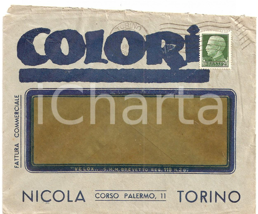 Documento originale, autentico 1938 TORINO SocietÃ  COLORI Cedola assegno BANCO DI SICILIA Busta intestata 1