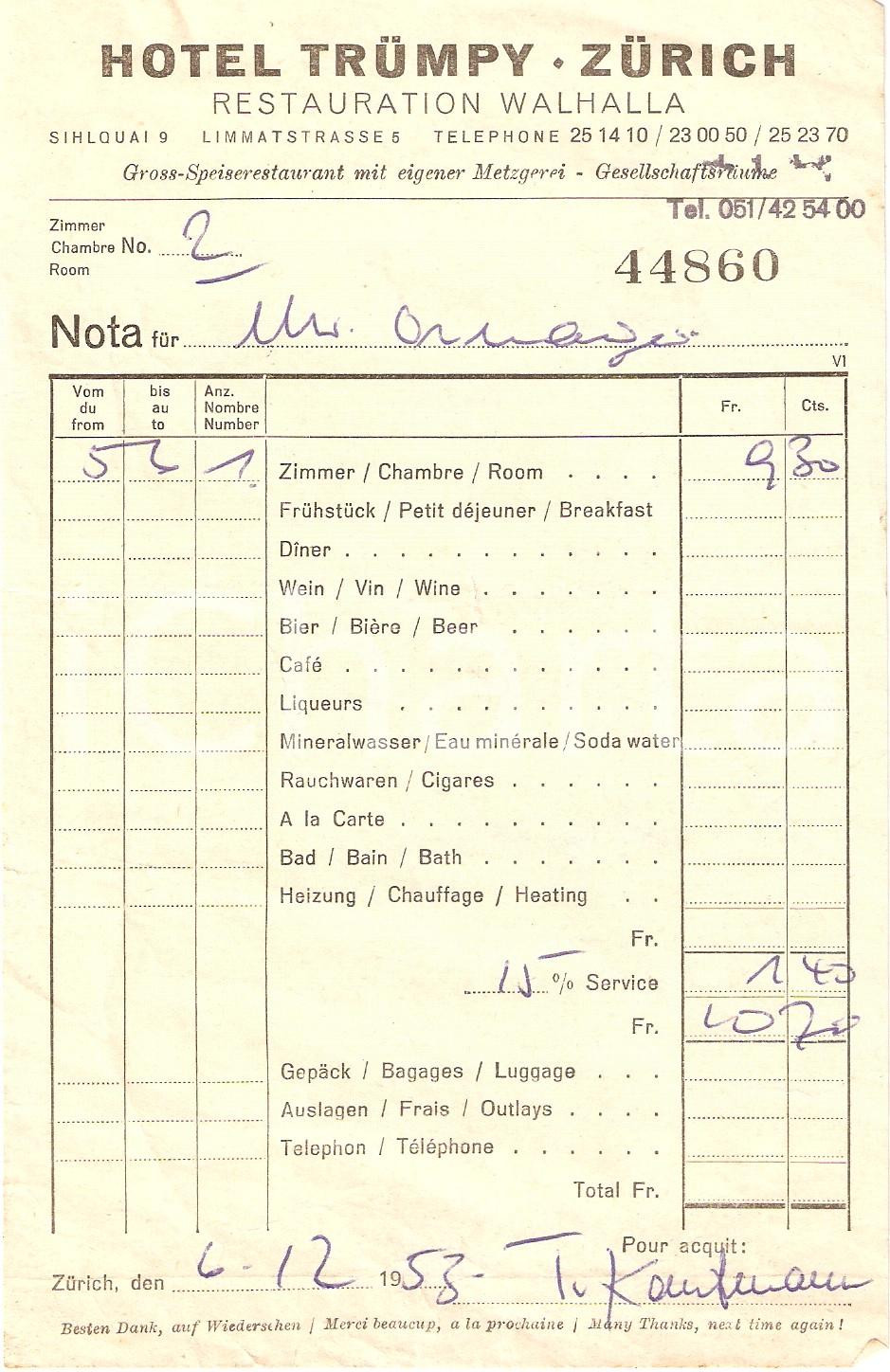 Materiale pubblicitario d’epoca 1953 ZURICH CH Hotel TRUMPY Restauration WALHALLA Ricevuta 2 1