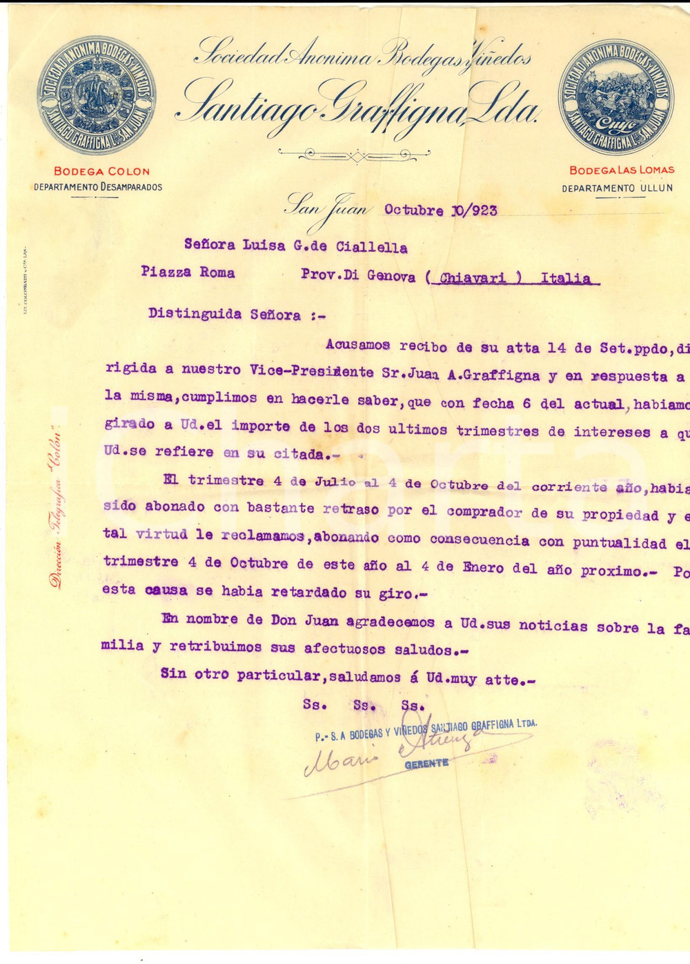 Documento originale, autentico 1923 SAN JUAN ARGENTINA Santiago GRAFFIGNA vini  Lettera a Luisa CIALLELLA 1