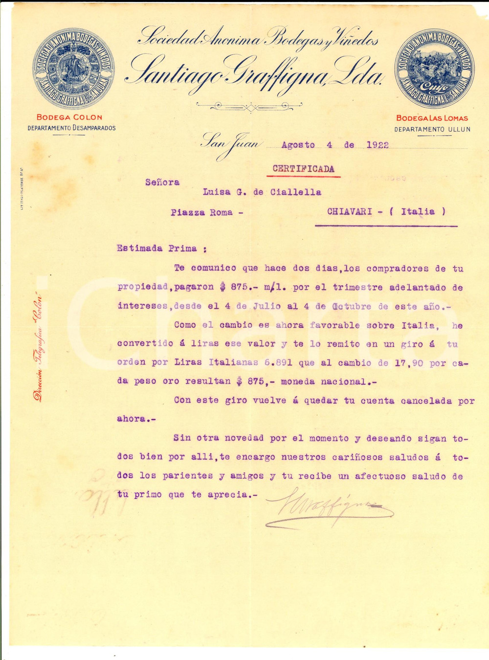 Documento originale, autentico 1922 SAN JUAN ARGENTINA Santiago GRAFFIGNA su vendita terra di Luisa CIALLELLA 1