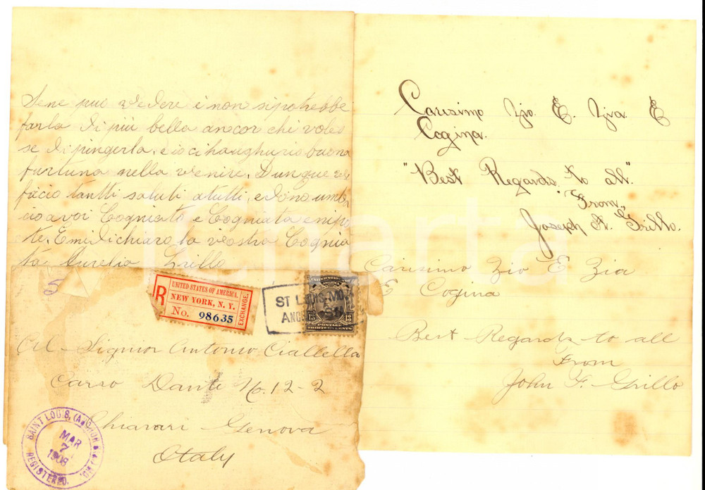 Documento originale, autentico 1921 ST LOUIS USA Emigrato italiano Joseph GRILLO al cognato Antonio CIALLELLA 1