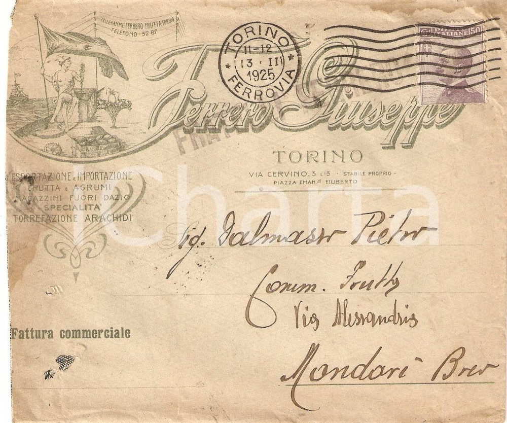 Oggetto da collezione cartaceo 1925 TORINO Giuseppe FERRERO Esportazione agrumi Torrefazione arachidi Busta 1