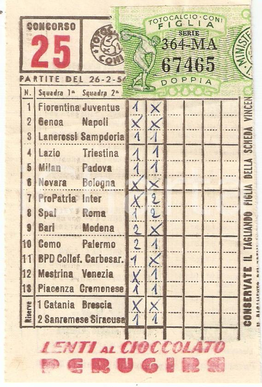 Materiale pubblicitario d’epoca 1956 CONI Schedina giocata TOTOCALCIO Concorso 25 figlia unitaria PERUGINA 1