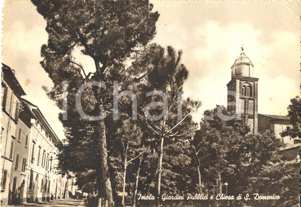 Cartolina originale da collezione 1950 IMOLA BO I giardini pubblici e la chiesa di SAN DOMENICO Cartolina FG VG 1