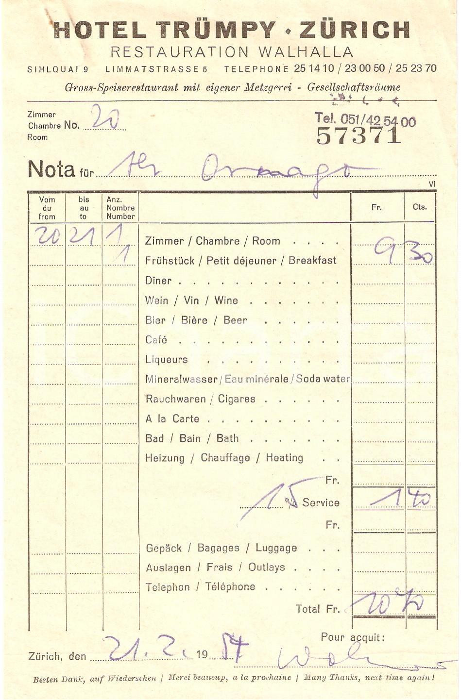 Materiale pubblicitario d’epoca 1957 ZURICH CH Hotel TRUMPY Restauration WALHALLA Ricevuta 1 1