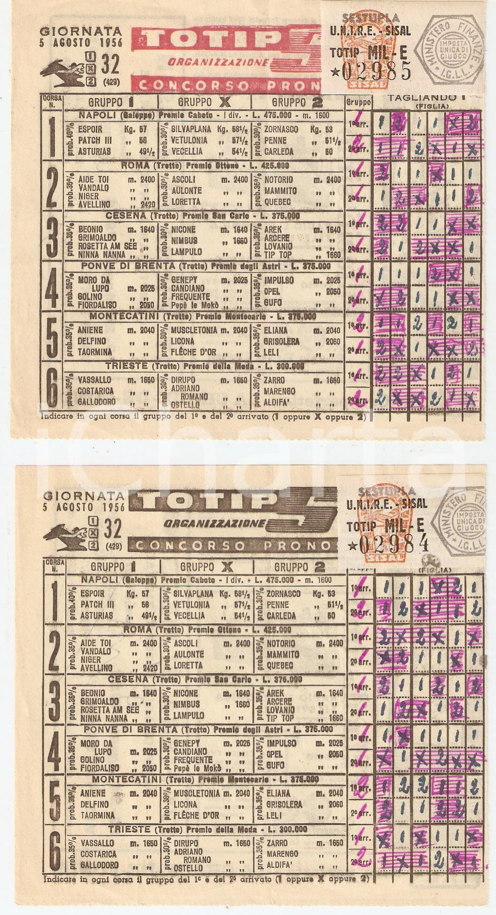 Materiale pubblicitario d’epoca 1956 TOTIP SISAL Concorso 32 pronostici LOTTO 2 schedine GIOCATE 1