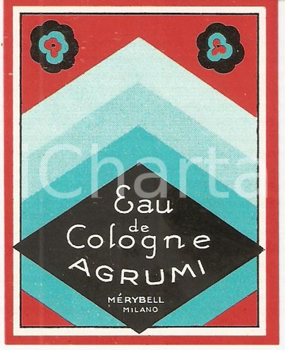 Materiale pubblicitario d’epoca 1950 ca MILANO Profumi MERYBELL Eau de cologne Agrumi Etichetta ILLUSTRATA 1 1