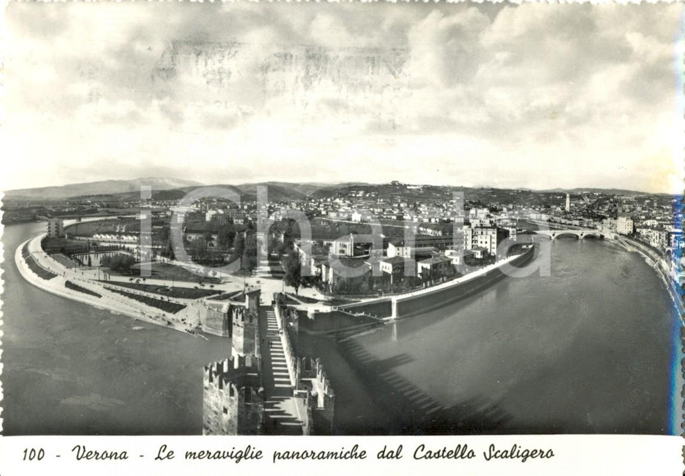 Cartolina originale da collezione 1955 VERONA Le meraviglie panoramiche del castello SCALIGERO Cartolina FG VG 1