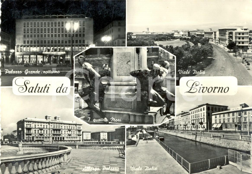 Cartolina originale da collezione 1959 LIVORNO Vedutine viale ITALIA Albergo PALAZZO e del palazzo GRANDE FG VG 1